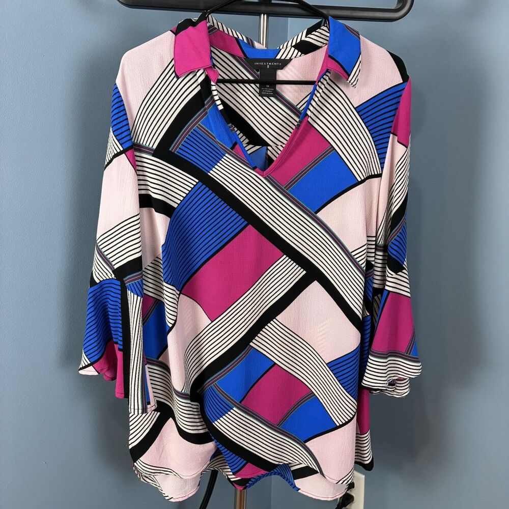 Investments II Women’s Colorful Geometric Bell Sleeve Blouse Size 1X